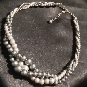 Elegant Silver and White Pearl Like Beaded Necklace Weighted & Graduated.